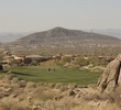 The par-4 third hole on the Pinnacle Course at Troon North tumbles downhill toward Sunset Peak. 