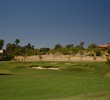 The ninth hole on the Catalina course at Omni Tucson National Resort is a dogleg right par 4 to an elevated green. 