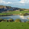 A view over the water from a tee at Victory Course from Verrado Golf Club.