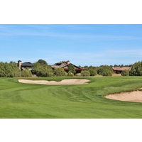 A large bunker guards the second green at Talking Rock Golf Club in Prescott, Arizona.